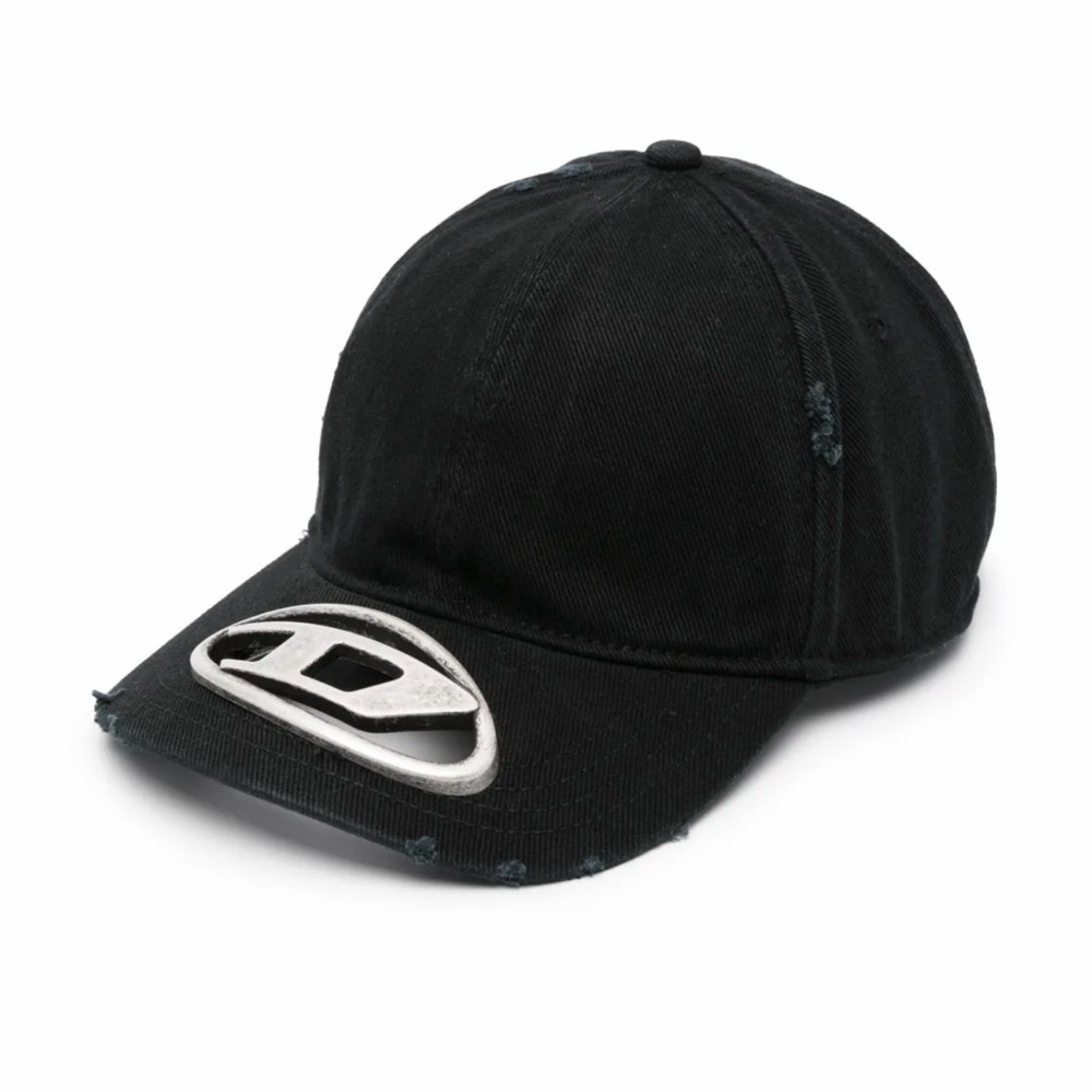 Diesel Black Distressed Baseball Cap with Silver Logo Accent